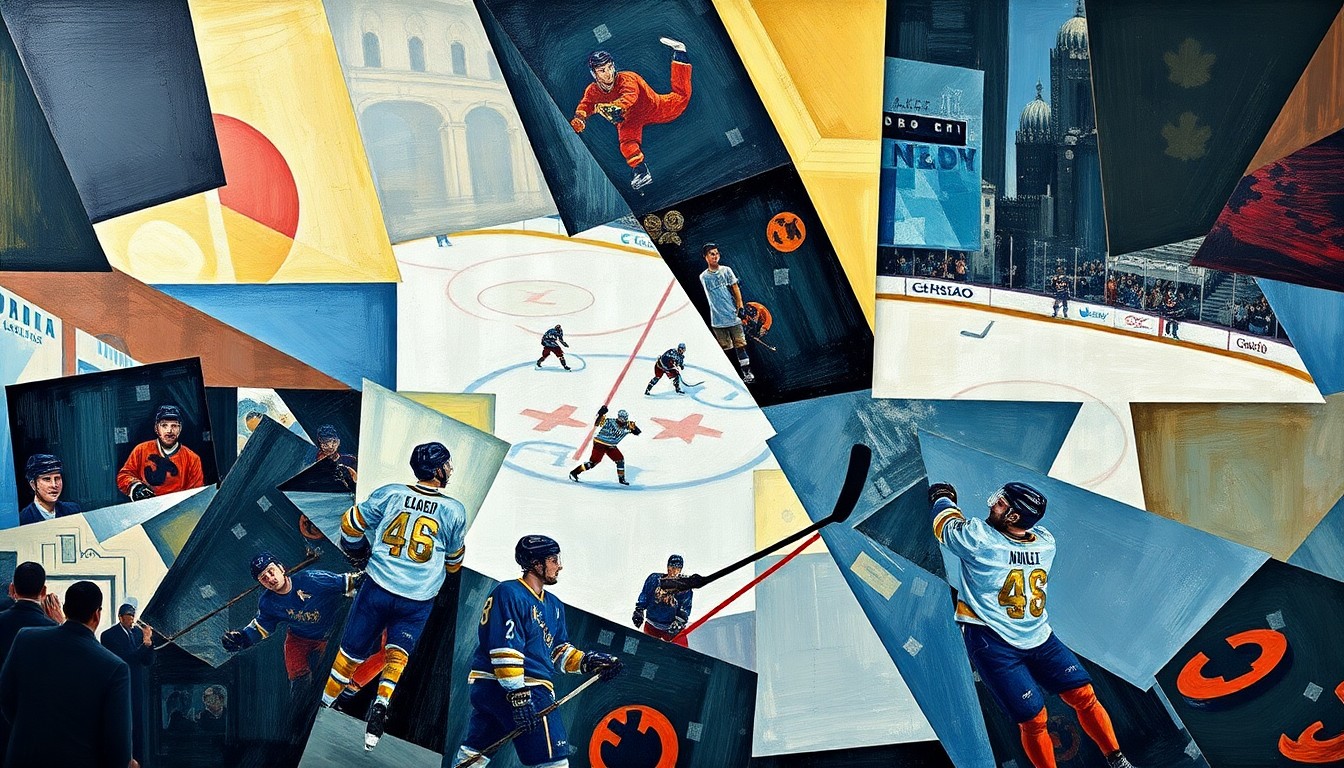 A cubist, geometric painting depicting a hockey game broken down into overlapping planes of color and shape, capturing the dynamic action and physicality of the sport.