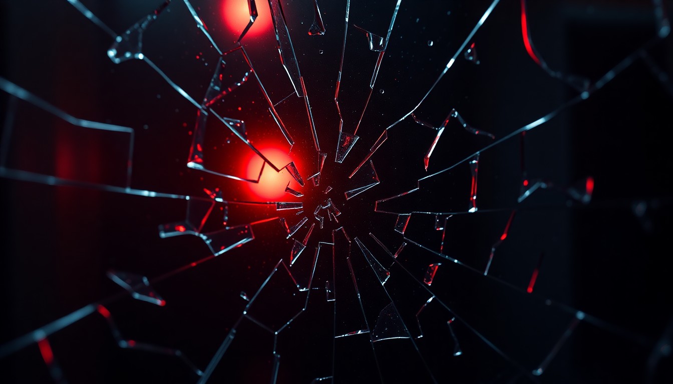 An abstract close-up image of shattered glass reflecting a faint red light, conveying the film's cool, detached aesthetic and the underlying violence of the story.