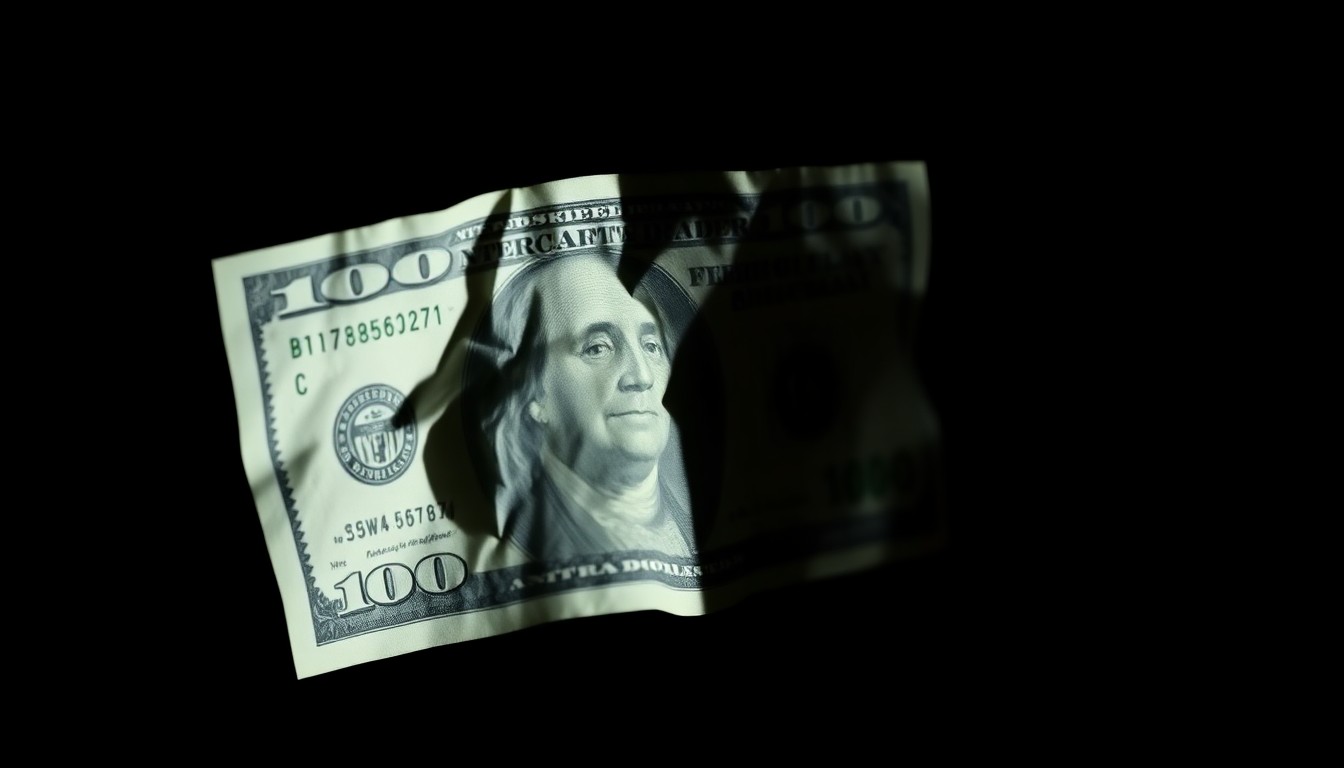 An extreme close-up photograph of a crumpled $100 bill against a pitch-black background, lit by a harsh, direct camera flash, conceptually representing the financial vulnerability of victims targeted by this scam.