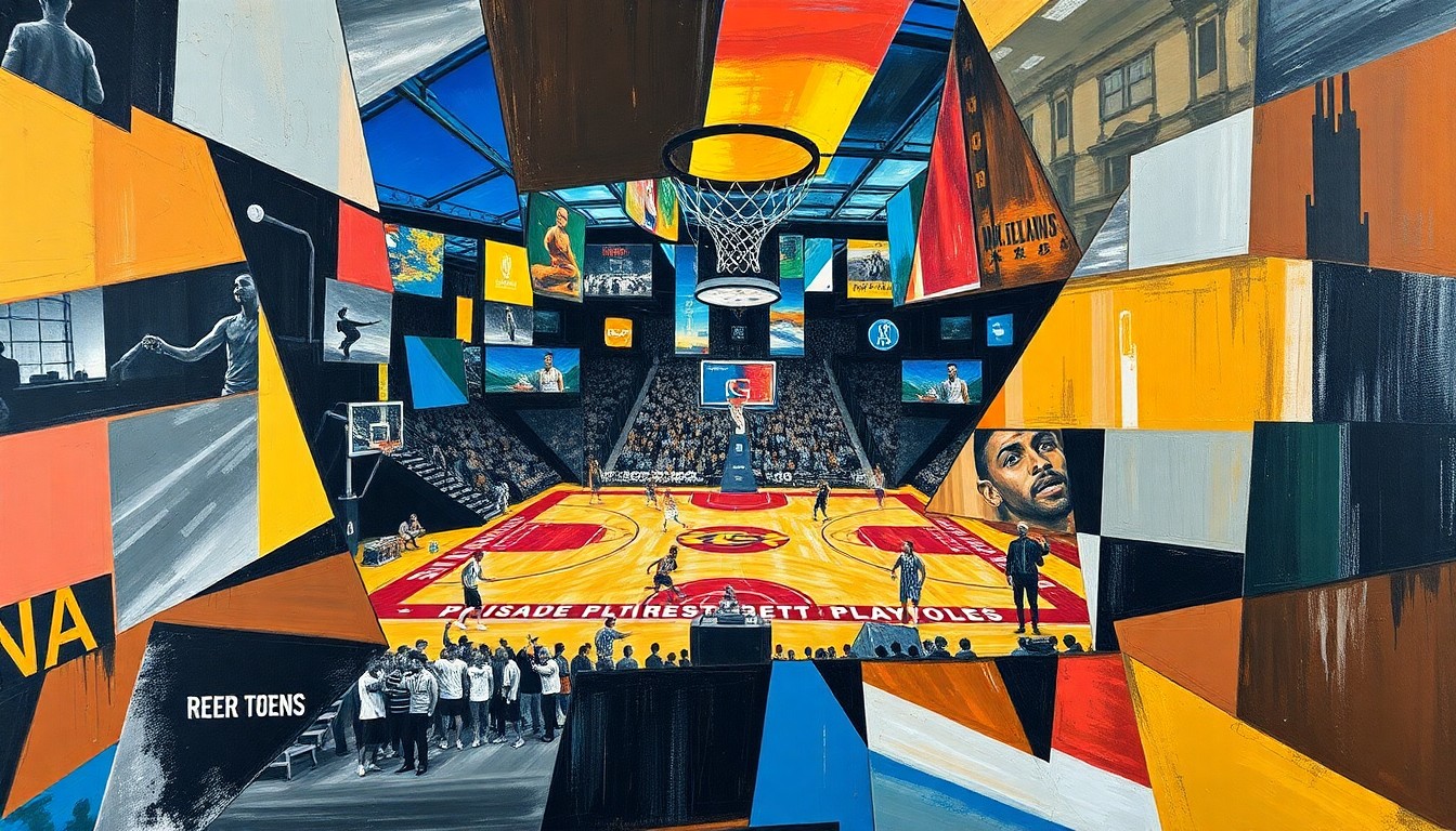 A cubist, fragmented painting depicting an NBA basketball game, with the court, players, and ball broken down into sharp, overlapping geometric shapes and planes, conveying a sense of chaos and controversy around the playoff schedule.