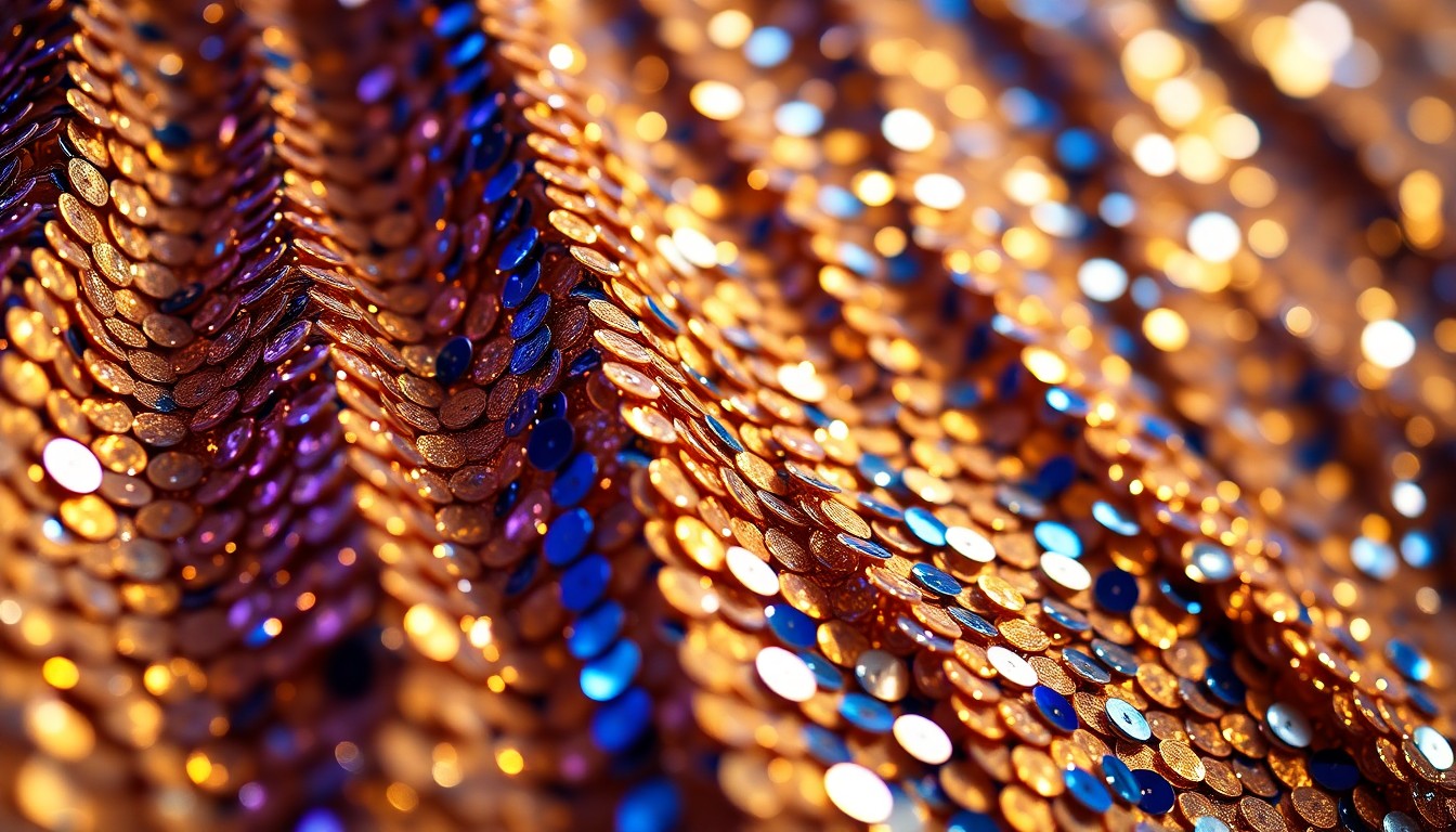 An extreme close-up photograph of shimmering, high-contrast sequins in metallic gold, silver, and deep blue, capturing the glamour and spectacle of a major live event.