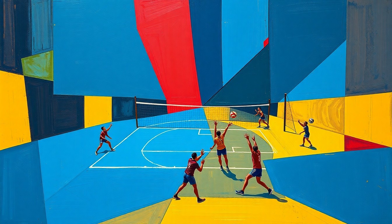 A cubist, geometric painting depicting a fragmented volleyball game, with sharp, overlapping planes of color representing the dynamic action of the sport.