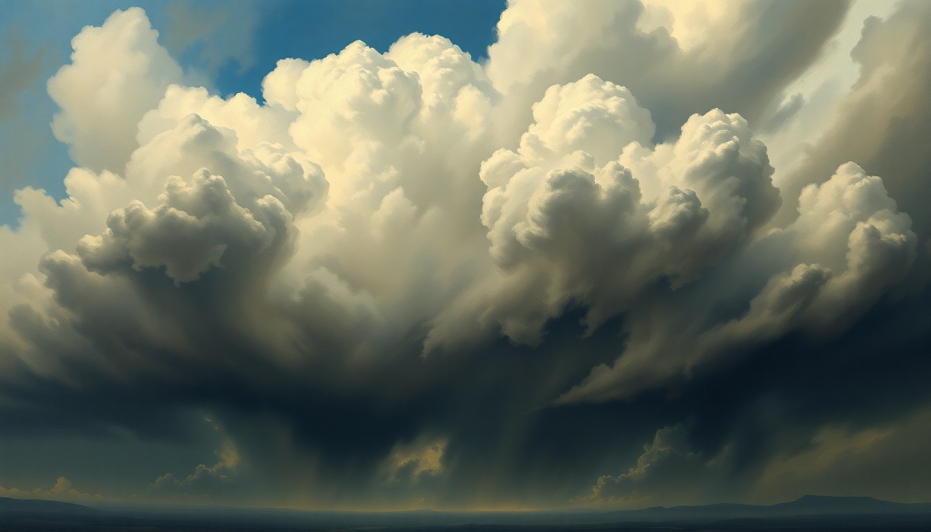 A dramatic landscape painting depicting a stormy, turbulent sky with heavy clouds obscuring the horizon, conveying the overwhelming power and scale of an impending weather event.