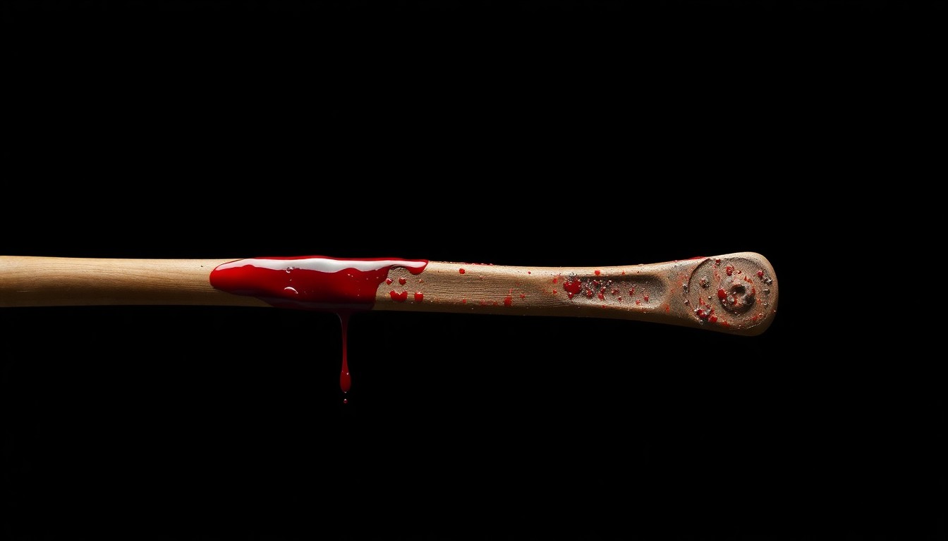 An extreme close-up of a crowbar covered in dried blood, shot against a stark black background to create a gritty, investigative aesthetic without any visible context or identifying details.