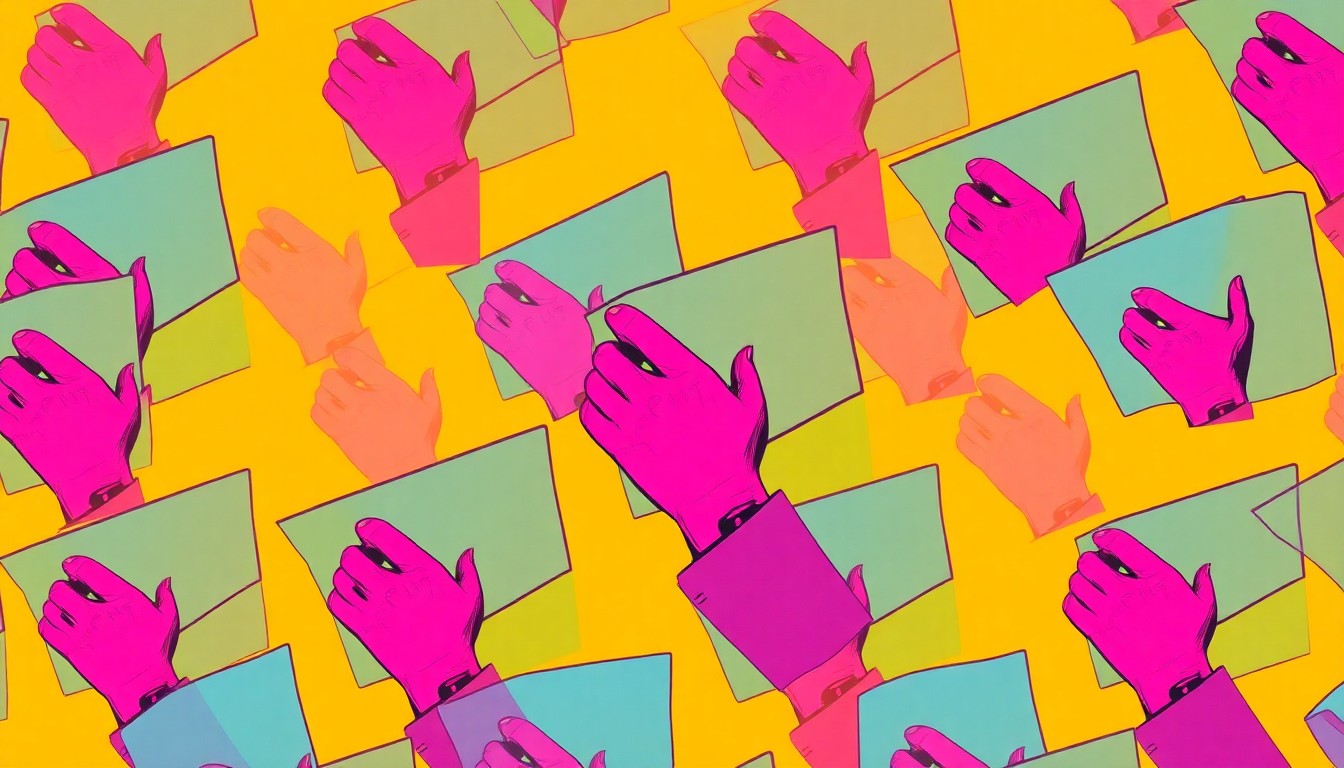 A highly stylized, abstract grid of a volunteer's hand holding a clipboard, rendered in a bold, neon color palette and heavy black outlines to capture the celebratory spirit of community service.