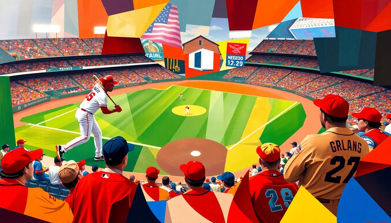 A fragmented, geometric painting in bold colors representing the clash between the Giants and Reds, with overlapping planes and shapes conveying the dynamic action of the baseball game.