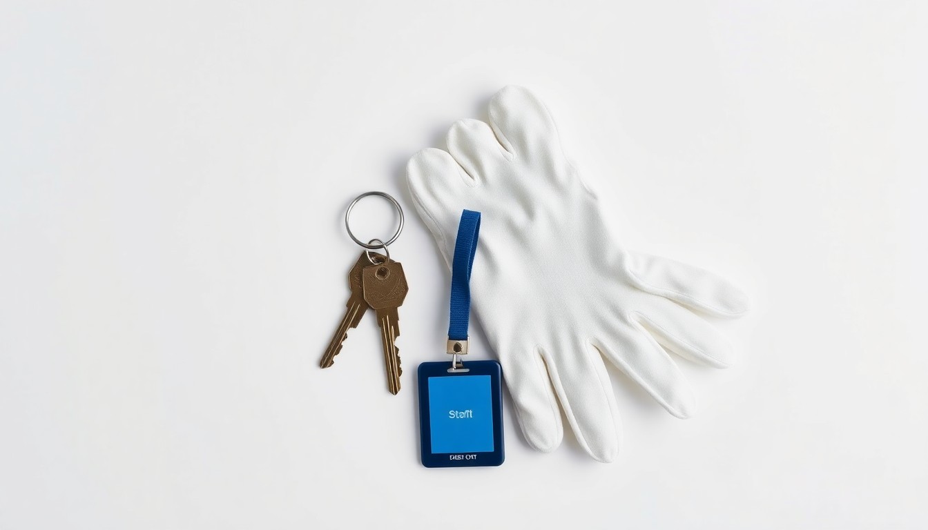 A high-end, photorealistic studio still-life photograph featuring a set of pristine, polished keys, a security badge, and a pair of white gloves arranged elegantly on a clean, monochromatic seamless background, conceptually representing the importance of apartment building staff in maintaining the city's residential infrastructure.