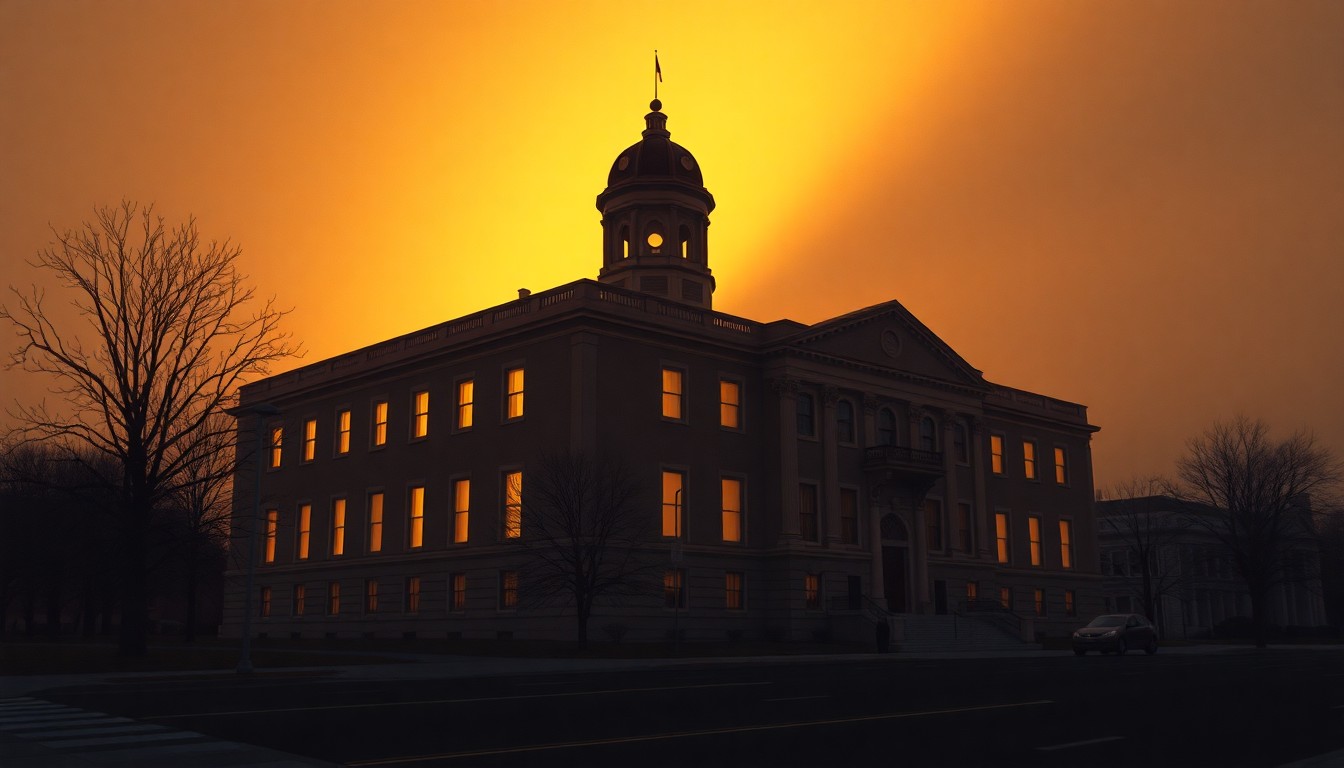 A serene, cinematic painting of the Maine State House building in Augusta, with the facade bathed in warm, golden sunlight and deep shadows, capturing the quiet, contemplative mood of the legislative process.