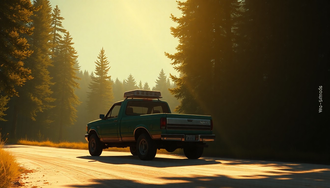 A serene, cinematic painting of a lone forest ranger's truck parked on a dirt road, with the surrounding forest bathed in warm, golden light and deep shadows, conveying a sense of quiet contemplation and the importance of preserving Montana's natural landscapes.