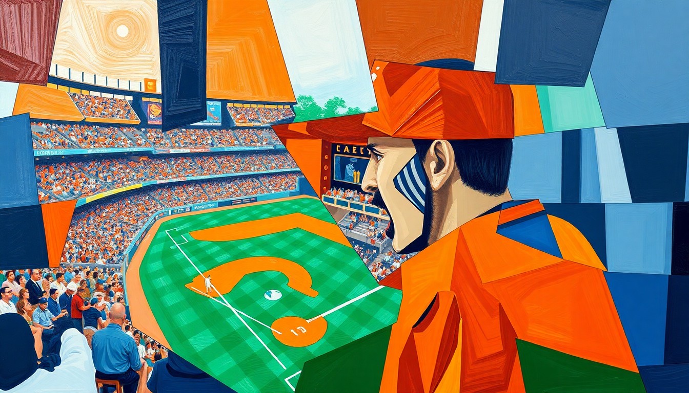 A cubist, geometric painting depicting a fractured, multi-angle view of a Tigers baseball press conference, with sharp planes of vibrant orange, blue, and green colors representing the energy and dynamics of the event.