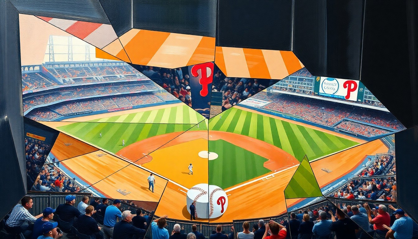 A fragmented, geometric painting depicting a baseball game or match, with sharp, overlapping planes of color and form representing the action on the field.
