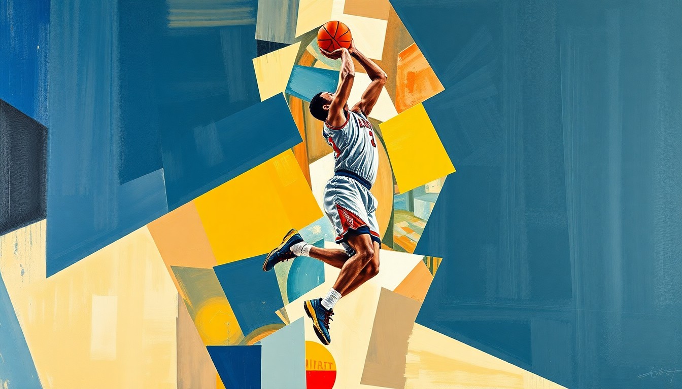 A fractured, cubist-style painting depicting a basketball player in mid-jump shot, with the player's face and jersey obscured by sharp, overlapping geometric planes that capture the dynamic motion and energy of the shot.