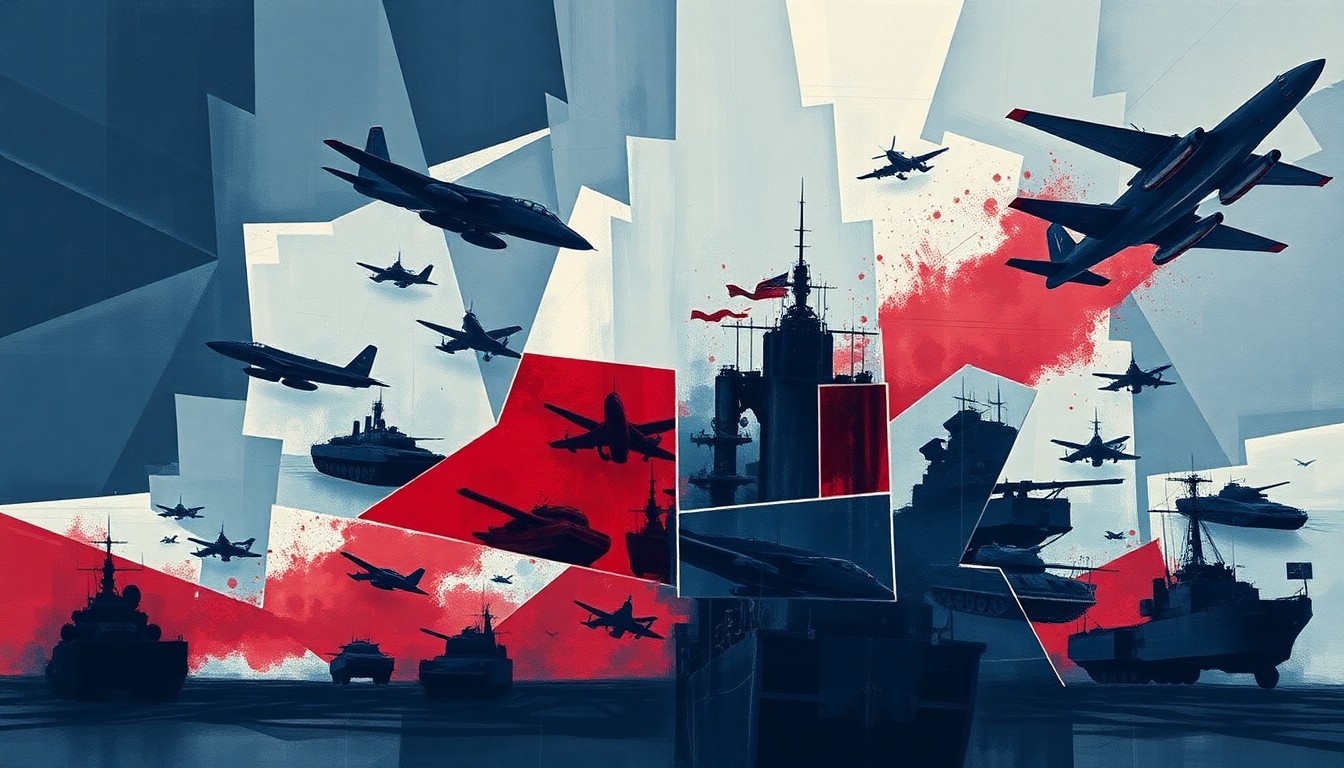 A dynamic, abstract painting with overlapping, fragmented shapes in shades of blue, grey, and red, conceptually representing the rapid expansion of military might and the divisive political debates surrounding it.