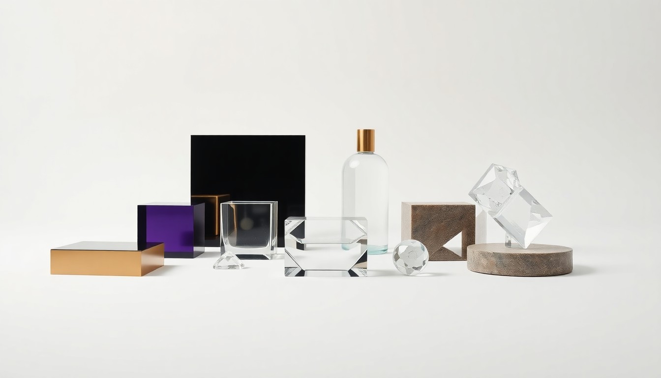 A minimalist studio still life photograph featuring a collection of smooth, geometric objects made from premium materials like glass, metal, and stone, arranged in an elegant composition to symbolize the abstract concepts of corporate strategy and financial performance.