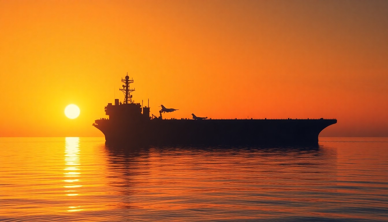A cinematic painting of a lone aircraft carrier at sunset, its massive silhouette reflected in the calm waters below, conveying a sense of solitude and the strain of prolonged naval deployments.