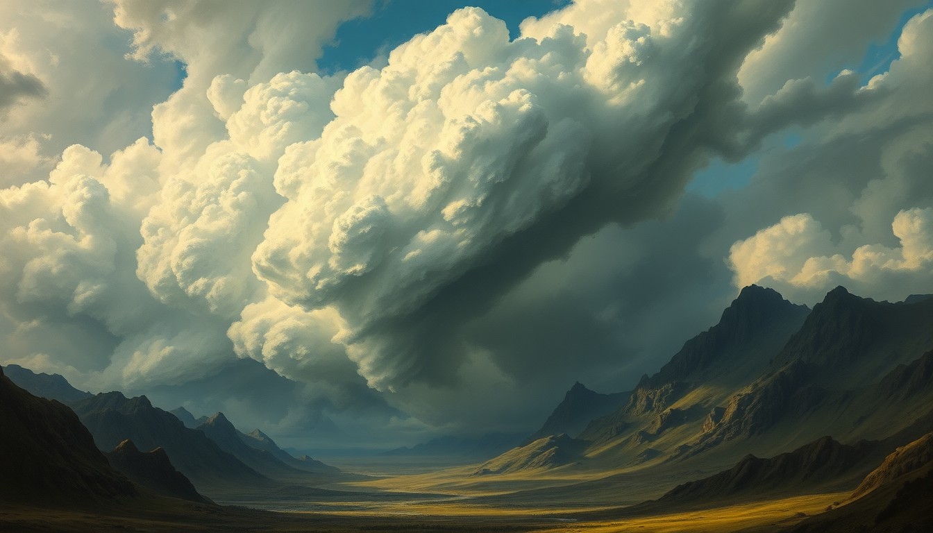 A vast, majestic landscape painting in the style of Caspar David Friedrich, with a massive, swirling storm system dominating the scene and dwarfing any physical structures or objects. The composition uses deep atmospheric perspective and dramatic backlighting to capture the overwhelming, sublime scale of the natural forces at play.