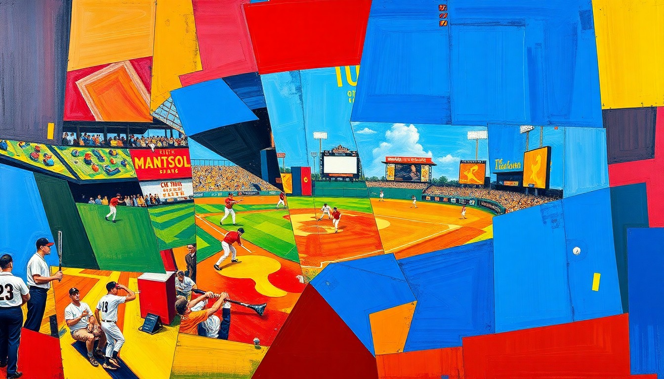 A fractured, multi-perspective painting depicting a baseball player in motion, with sharp geometric shapes and planes in vibrant colors representing the dynamic energy of the sport.