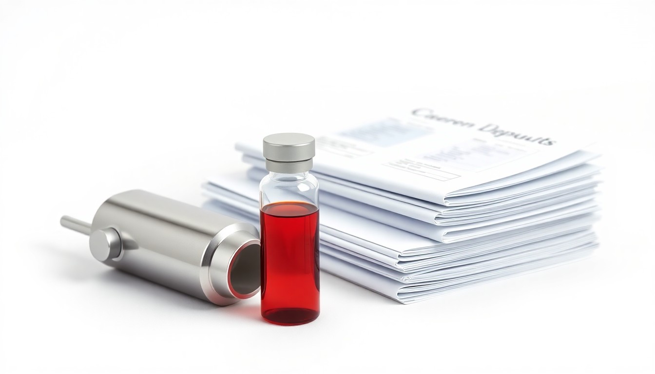 A photorealistic studio photograph featuring a polished metal medical device, a glass vial, and a stack of medical test results files arranged elegantly on a clean, white background, symbolizing CareDx's focus on precision diagnostics and patient care.
