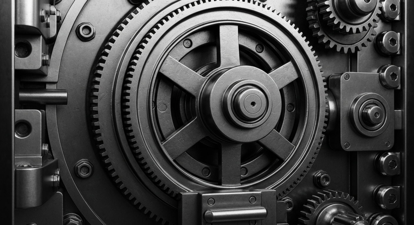 A close-up, high-contrast image of the inner mechanisms of a bank vault, with gears, locks, and other heavy industrial machinery visible, conveying a sense of financial security and institutional strength.
