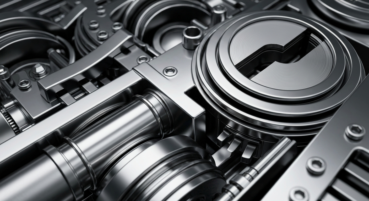 An extreme close-up of shiny, metallic banking machinery and components, conveying a sense of institutional financial power and security without using any literal currency or charts.