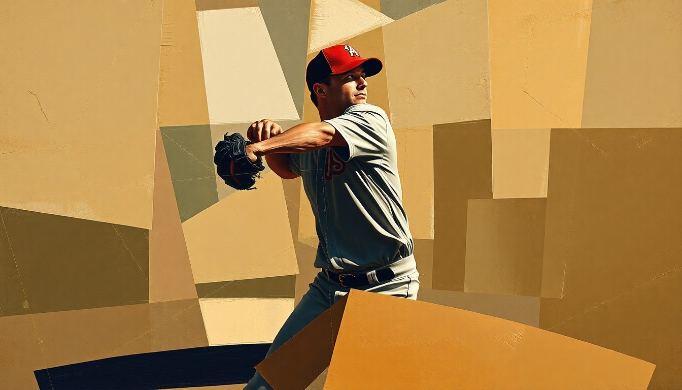 A fractured, geometric painting in muted earth tones depicting a baseball pitcher's windup and delivery broken down into sharp, overlapping planes, conveying the fragmented state of the Cubs' pitching staff.