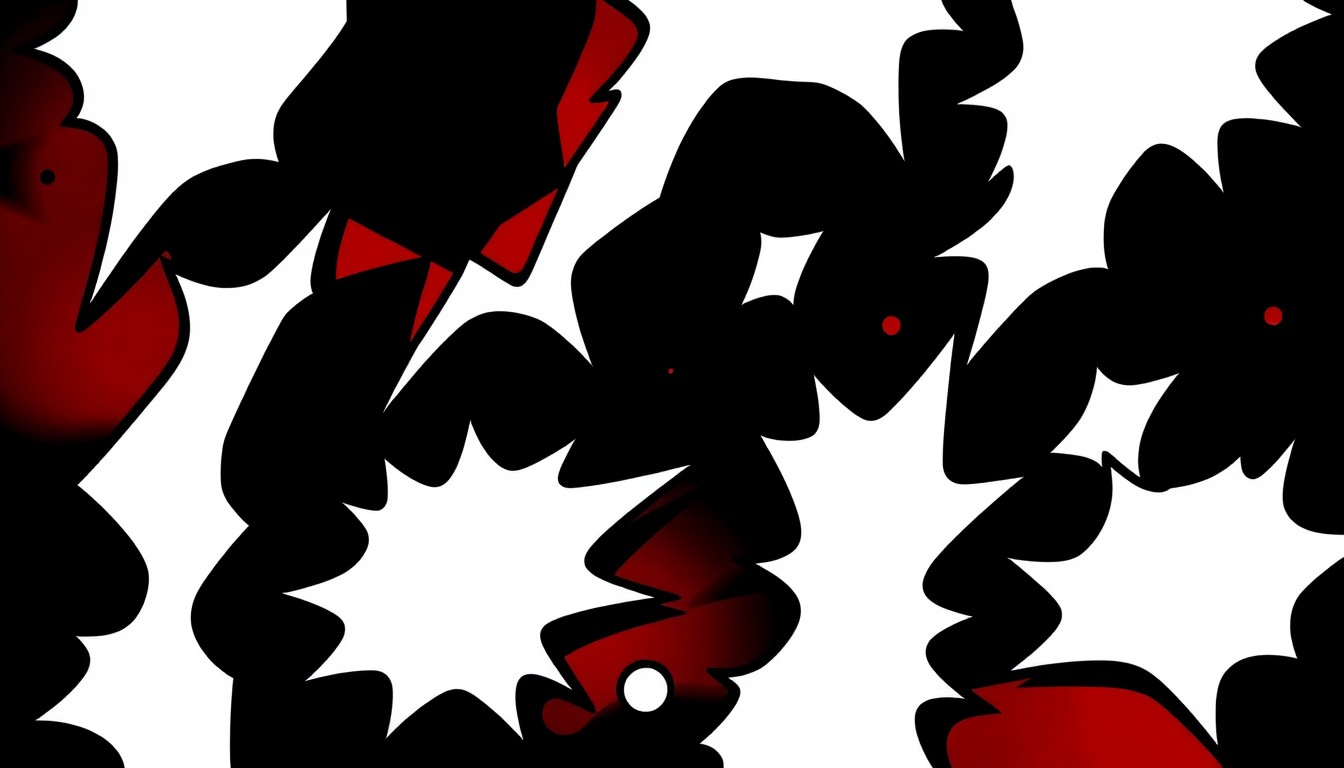 A striking abstract composition of geometric comic book shapes in bold black, white, and red, conveying the diverse genres and characters of the medium.