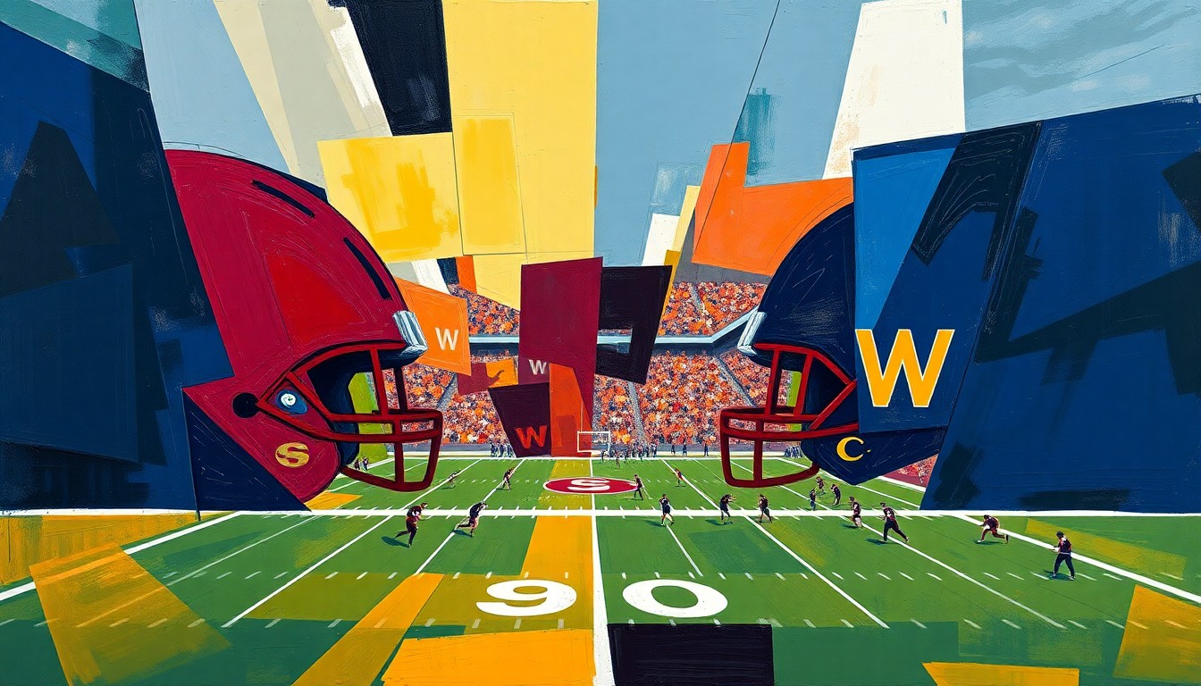 A cubist, geometric painting depicting a football game, with sharp, overlapping planes of navy blue, maroon, and gold, conceptually representing the competitive energy and multi-faceted nature of Norfolk State's upcoming season.