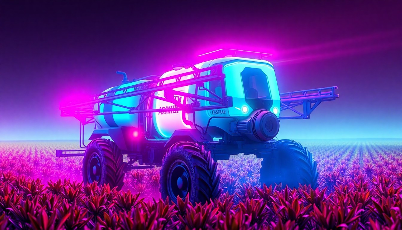A highly detailed, glowing 3D illustration of an autonomous agricultural sprayer robot, its mechanical components illuminated by neon cyan and magenta lights, surrounded by a field of crops, representing the integration of advanced technology into specialty crop production.