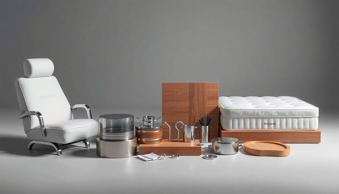 A high-end studio still life photograph featuring a collection of premium metal and wood components used in manufacturing mattresses, furniture, and automotive seating, elegantly arranged on a clean, monochromatic background to symbolize corporate strategy and supply chain integration.