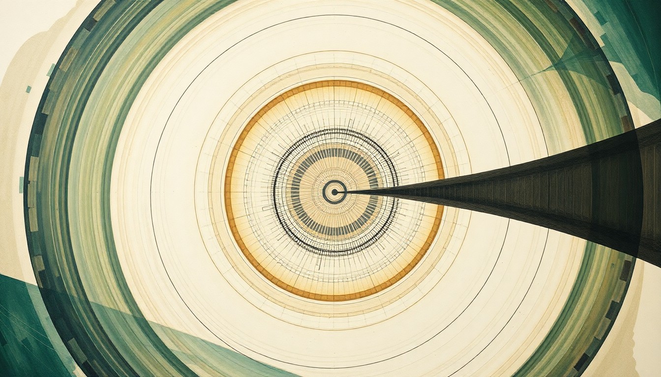 A highly structured abstract painting featuring sweeping geometric arcs, concentric circles, and precise botanical spirals in earthy tones of green, brown, and blue, conceptually representing the complex interplay of AI systems and human brain structures.