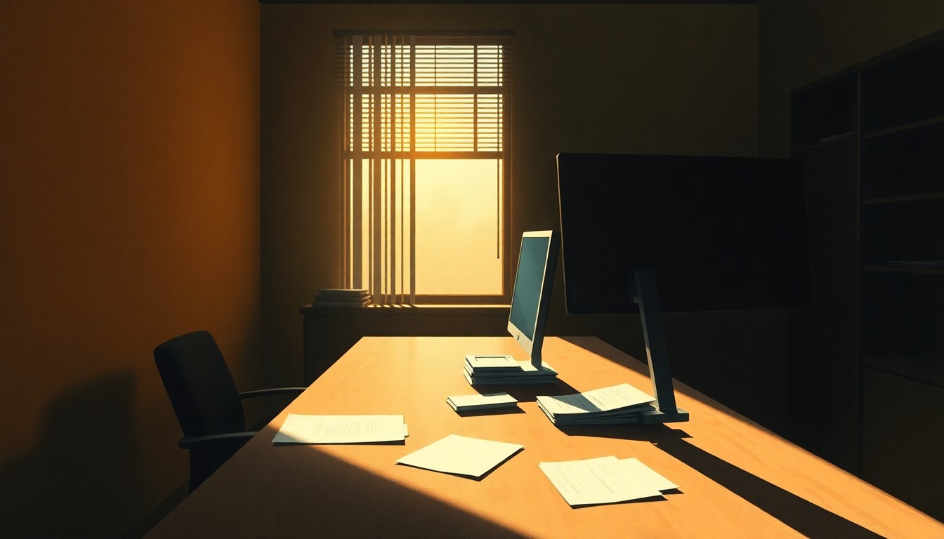 A photorealistic painting of a simple office desk with a computer monitor and scattered paperwork, illuminated by warm, directional sunlight casting deep shadows, conveying a sense of quiet contemplation and the importance of the assessor's work.