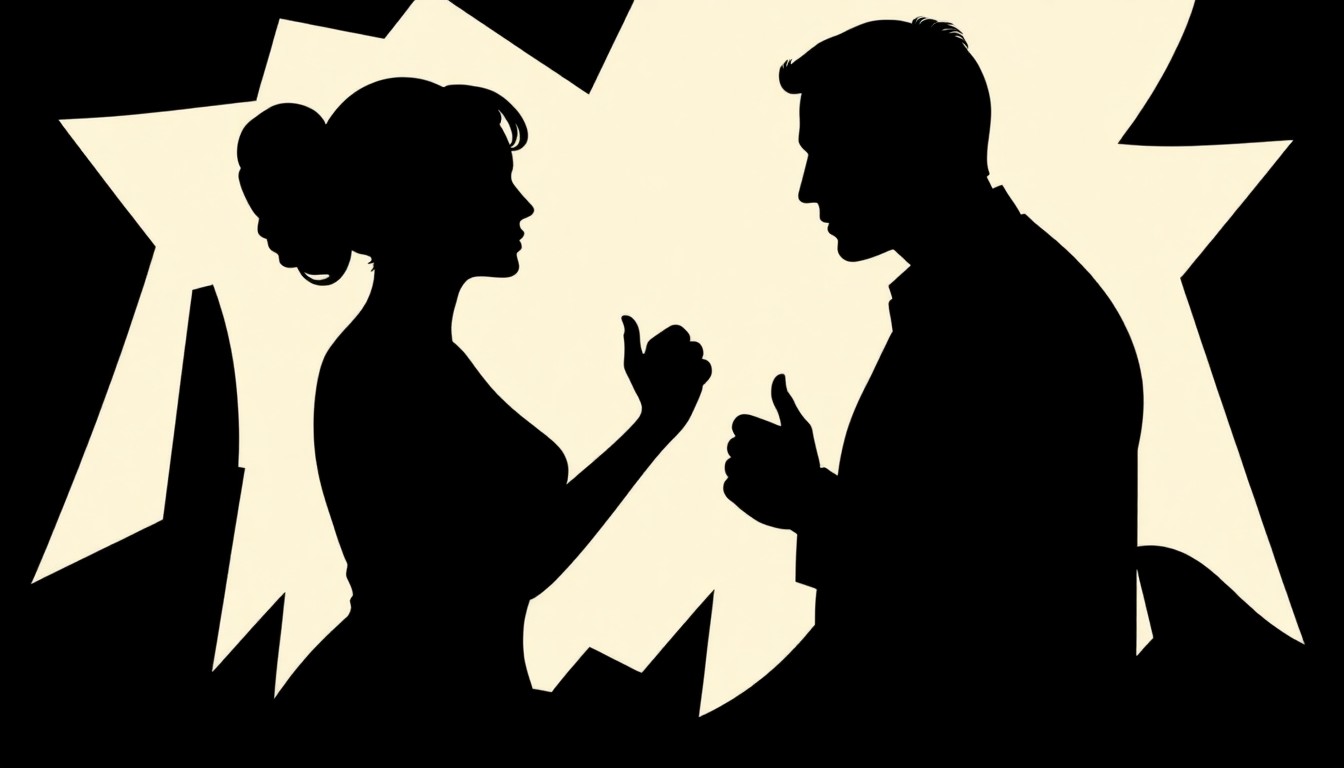 An abstract, minimalist illustration featuring sharp, jagged black silhouettes against a stark white background, conceptually representing the tensions and conflict of a contentious divorce proceeding.