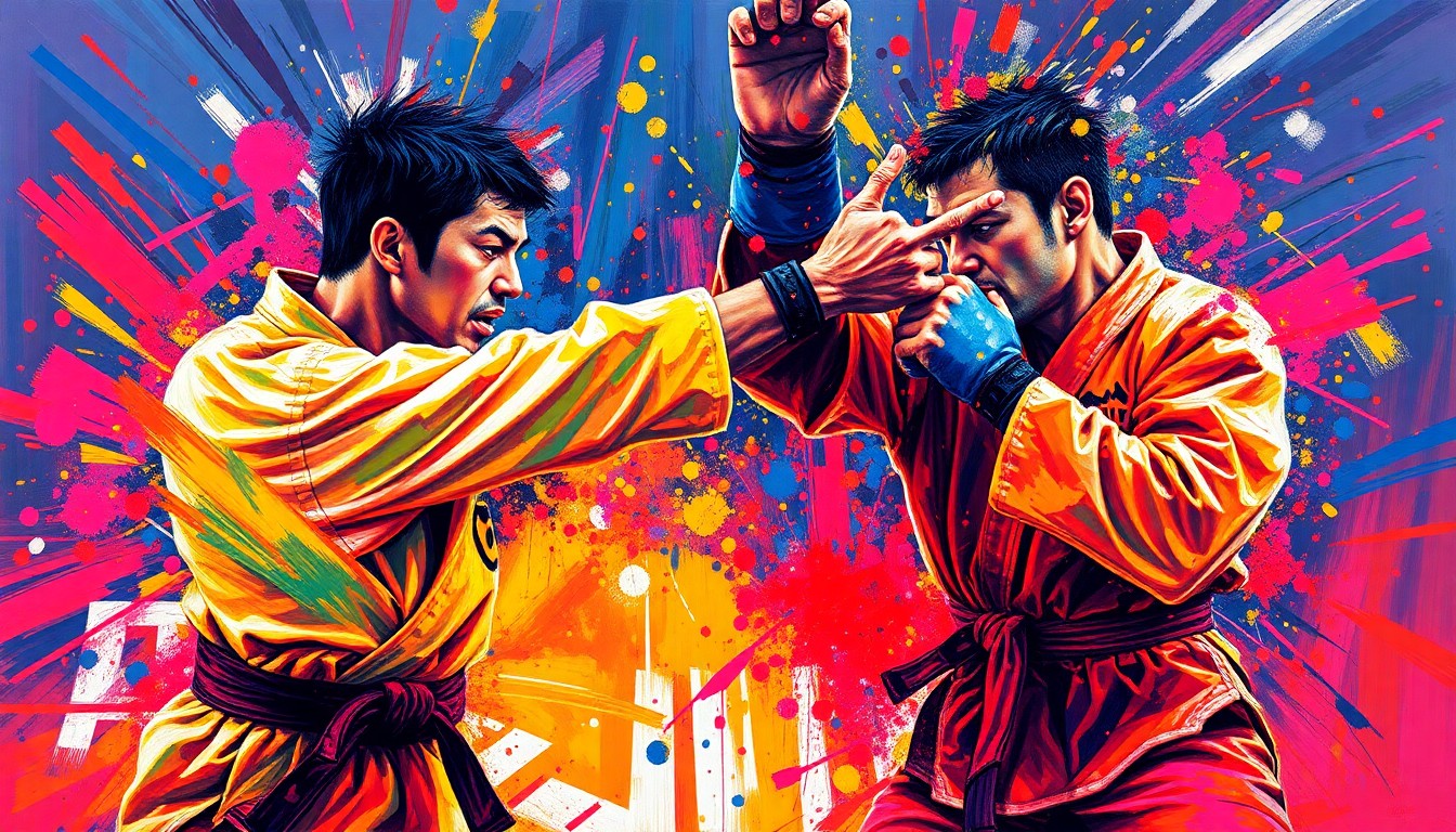 A highly textured, expressionist painting in neon colors depicting the dynamic movements and raw energy of a competitive karate match, with faces and details dissolving into abstract brushstrokes.