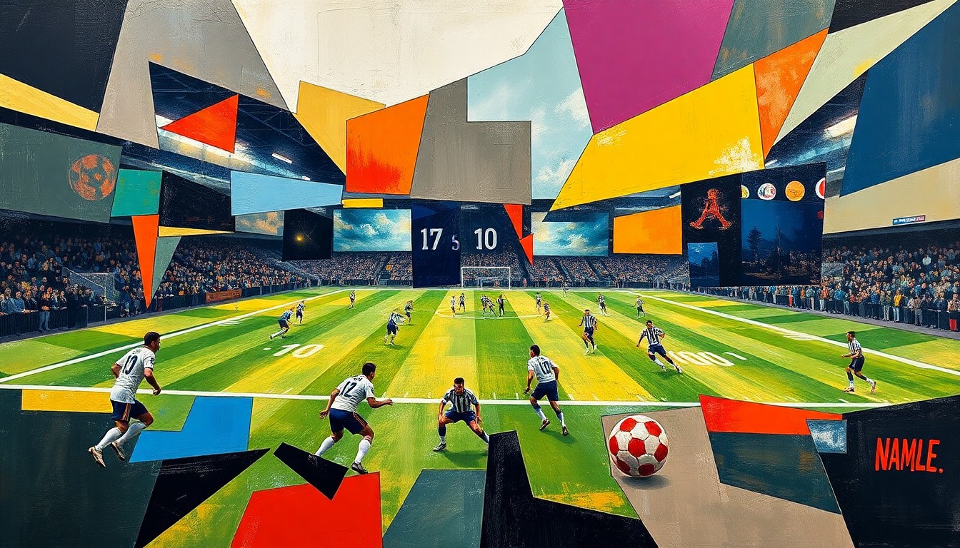 A fractured, multi-perspective painting breaking down a football game into sharp, overlapping geometric planes of color, with no recognizable figures or logos.