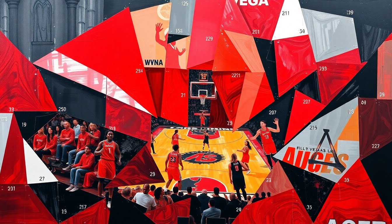 A cubist, geometric painting depicting a WNBA basketball game, with sharp, overlapping planes of red, silver, and black representing the dynamic action on the court.