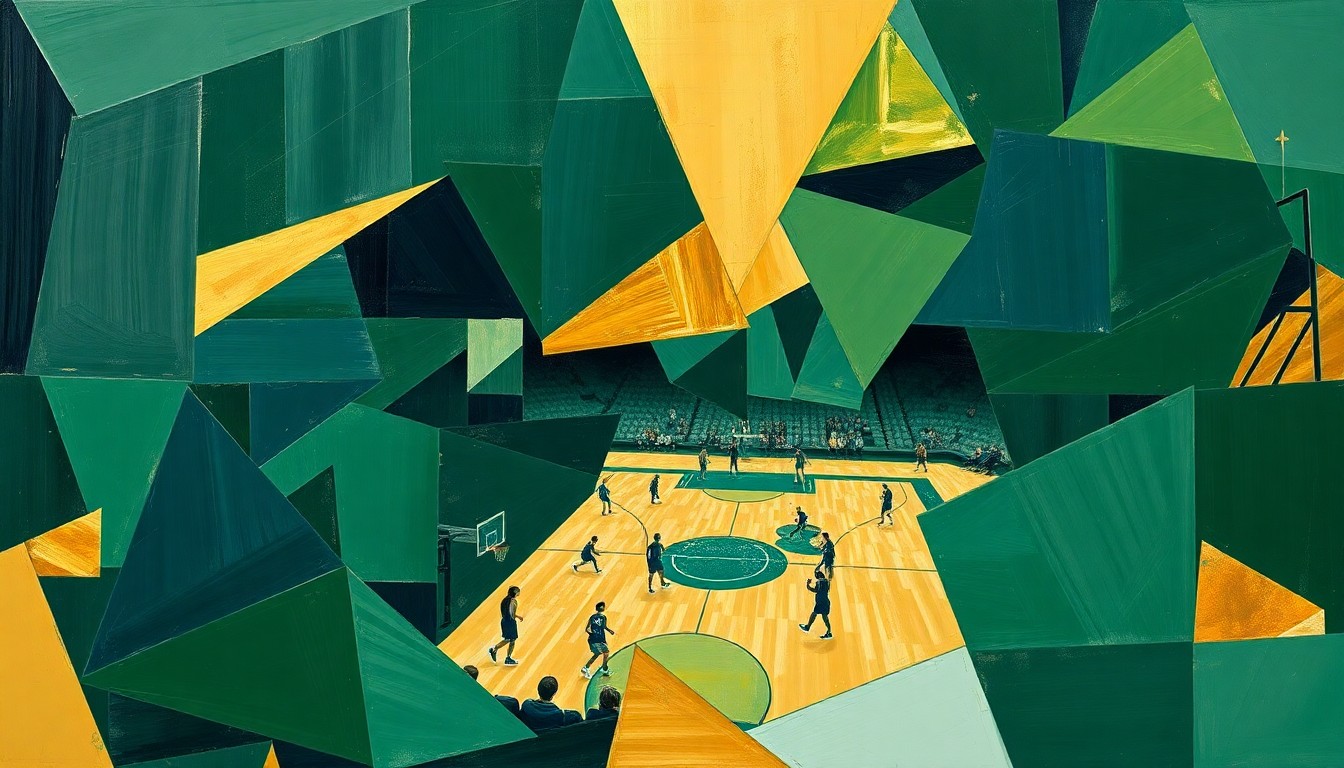 A cubist, geometric painting depicting a fragmented, multi-angled view of a women's basketball game, with sharp planes of green, blue, and gold representing the dynamic action on the court.