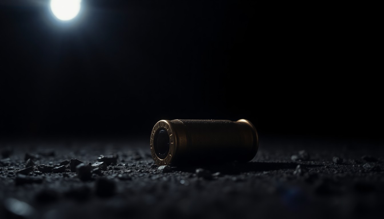An extreme close-up photograph of a metallic bullet casing on the ground, lit by a harsh camera flash against a pitch-black background, creating a stark, gritty, investigative aesthetic.