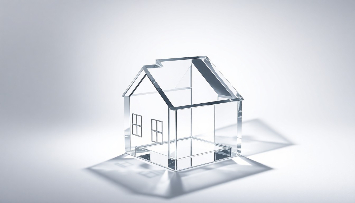 A highly reflective, geometric glass sculpture in the shape of a house, resting on a clean white background and illuminated by dramatic studio lighting, conceptually representing the exclusivity and prestige of the final luxury homes at Santa Rosa Valley Estates.