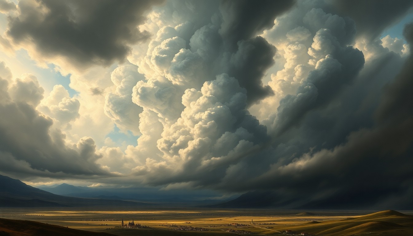 A sweeping, atmospheric landscape painting in muted tones of grey, blue, and green, with a dramatic, cloud-filled sky dominating the frame and casting a shadow over a small town or rural scene below, conveying the overwhelming power of the natural forces at play.