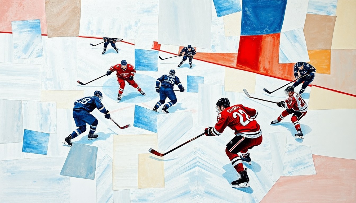 A cubist, geometric painting depicting the fragmented action of a hockey game, with sharp planes of ice, sticks, and players' bodies in motion, conceptually representing the strategic roster moves by the Pittsburgh Penguins organization.