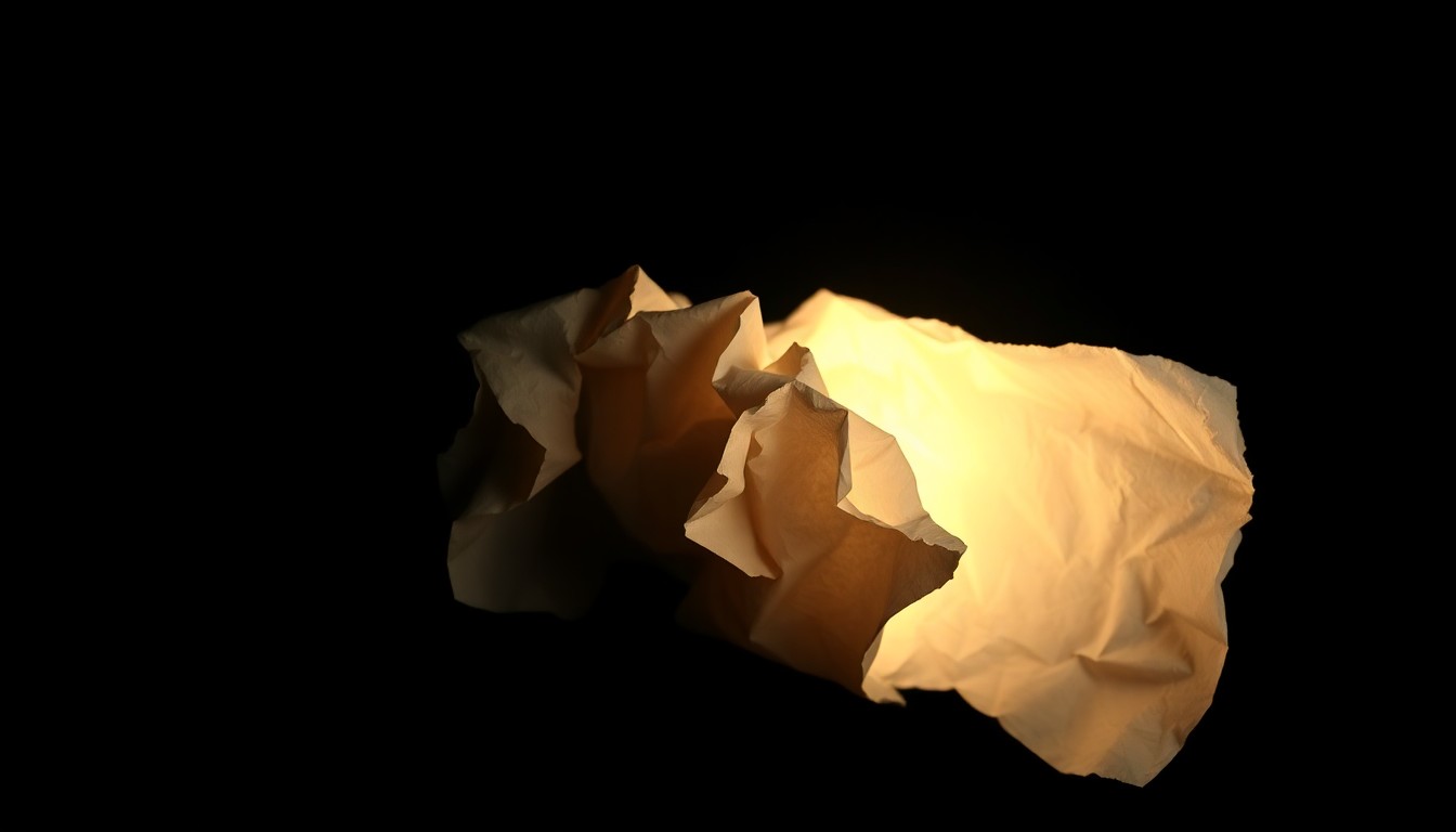 An extreme close-up of a crushed, crumpled piece of fabric or paper, lit by a harsh, direct camera flash against a pitch-black background, conveying the stark, gritty aftermath of a violent crime.