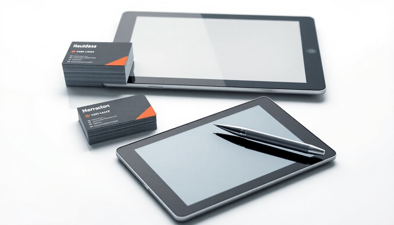 A photorealistic studio still life featuring a stack of business cards, a pen, and a tablet device arranged elegantly on a clean, white background, symbolizing the data-driven, results-focused nature of HomeGrow Agency's marketing services for contractors.