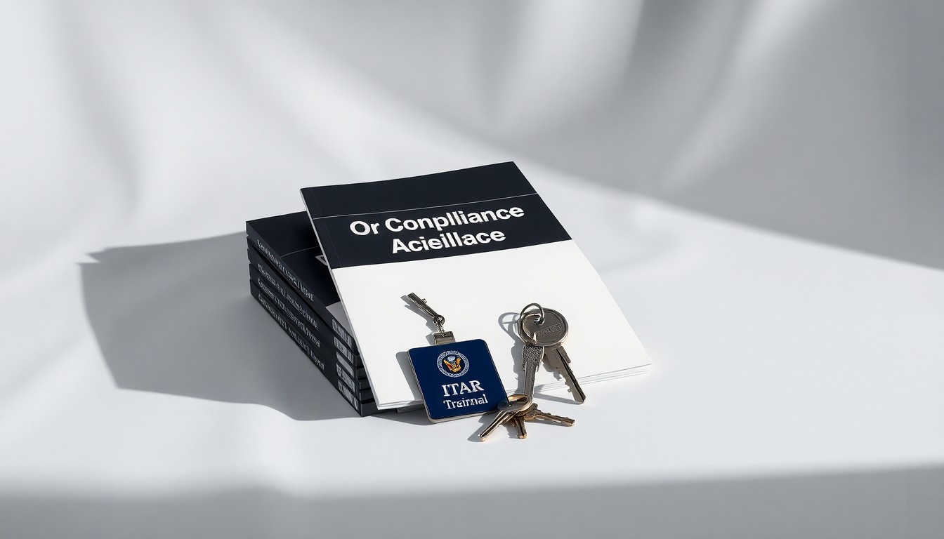 A minimalist studio still life featuring a stack of ITAR compliance training manuals, a security badge, and a set of keys, symbolizing the abstract concepts of corporate compliance, facility access control, and operational discipline.