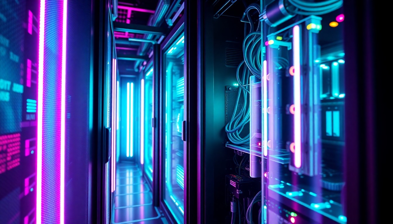 A detailed, glowing 3D illustration of a futuristic data center server rack, with intricate components and cabling illuminated by vibrant neon lights, conceptually representing the technological advancements powering Florida's AI-driven backend development.