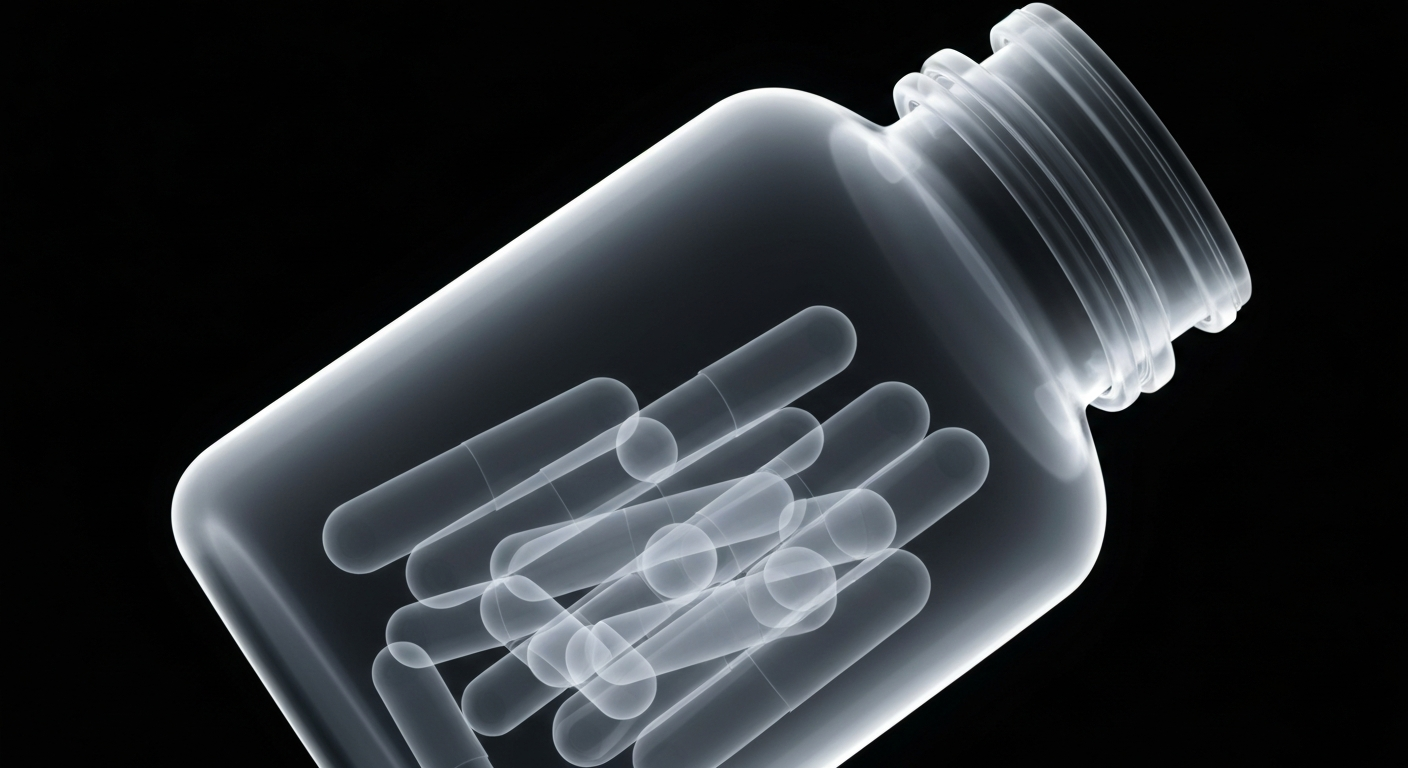 An extreme close-up X-ray photograph showing the translucent, ghostly outline of a pill bottle and its contents, conceptually illustrating the hidden risks of contaminated medications.