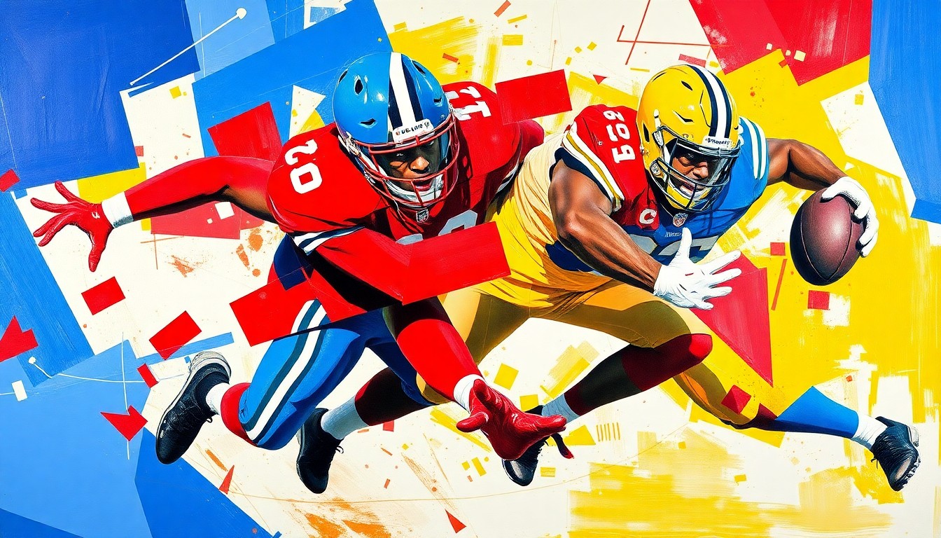 A fractured, geometric painting in bold primary colors depicting the explosive movements and collisions of a football pass rush, with no identifiable players or teams.
