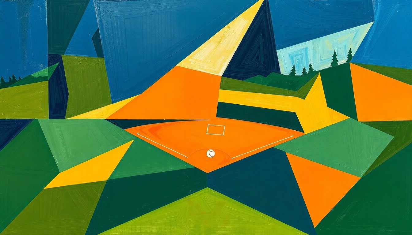 A cubist-style painting depicting a fractured, geometric interpretation of a softball game, with sharp planes of navy, green, and orange overlapping to create a dynamic, abstract visual.