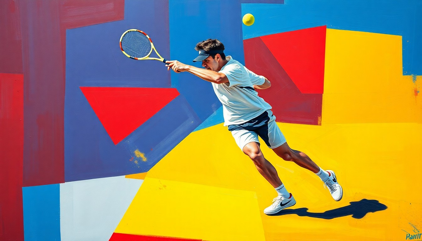 A cubist, geometric painting depicting a tennis player in motion, with sharp, overlapping planes of vibrant red, blue, and yellow colors conveying the dynamic energy of the sport.