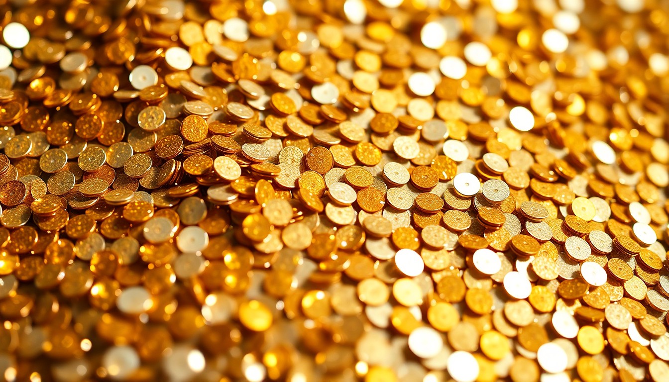 An abstract close-up image of shimmering, high-contrast sequins in metallic gold, silver, and bronze tones, capturing the glamour and opulence of Hollywood costume design.