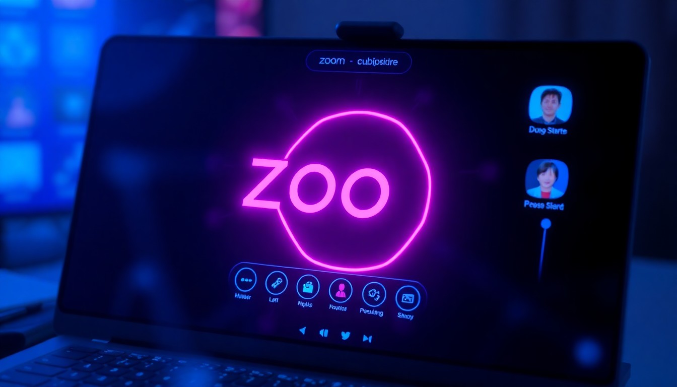 A highly detailed, glowing 3D illustration of a Zoom video conferencing interface, with various UI elements and controls illuminated by vibrant neon lights, representing the integration of AI and machine learning to simplify collaborative workflows.